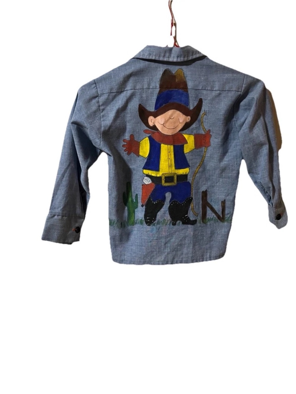 VTG Bronco Western Wear Kids Shirt 70s Chambray Shirt Hand Painted SZ 5